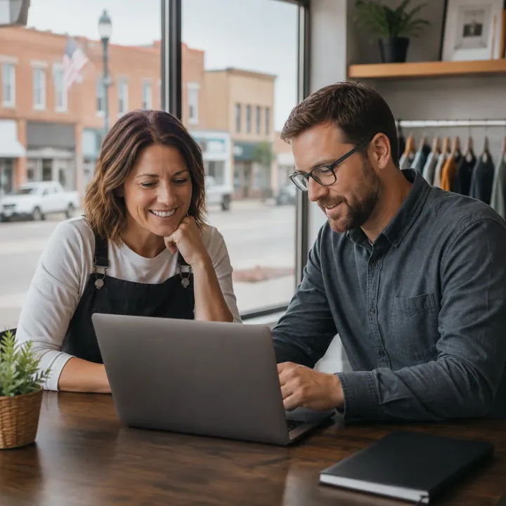 Web designer going over a new website with a Washington, North Carolina shop owner on a laptop