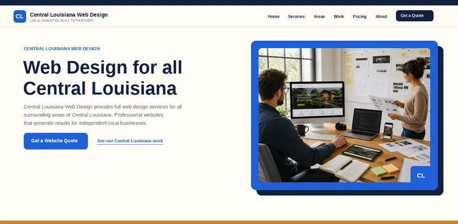 Homepage of Central Louisiana Web Design, a local web design site built by Carolina East Web Design