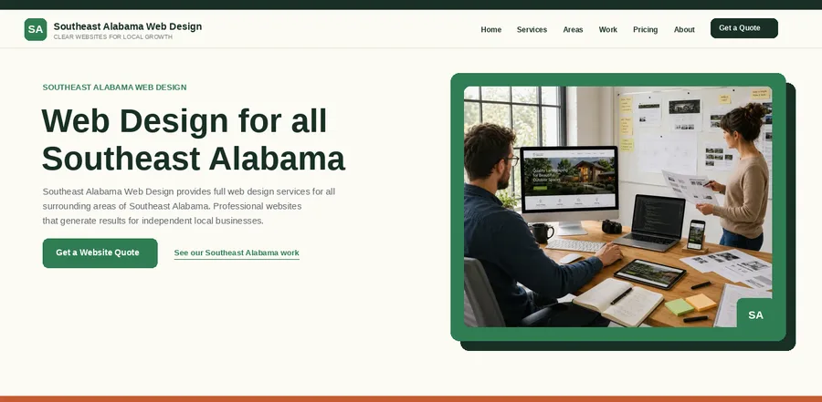 Homepage of Southeast Alabama Web Design, a local web design site built by Carolina East Web Design
